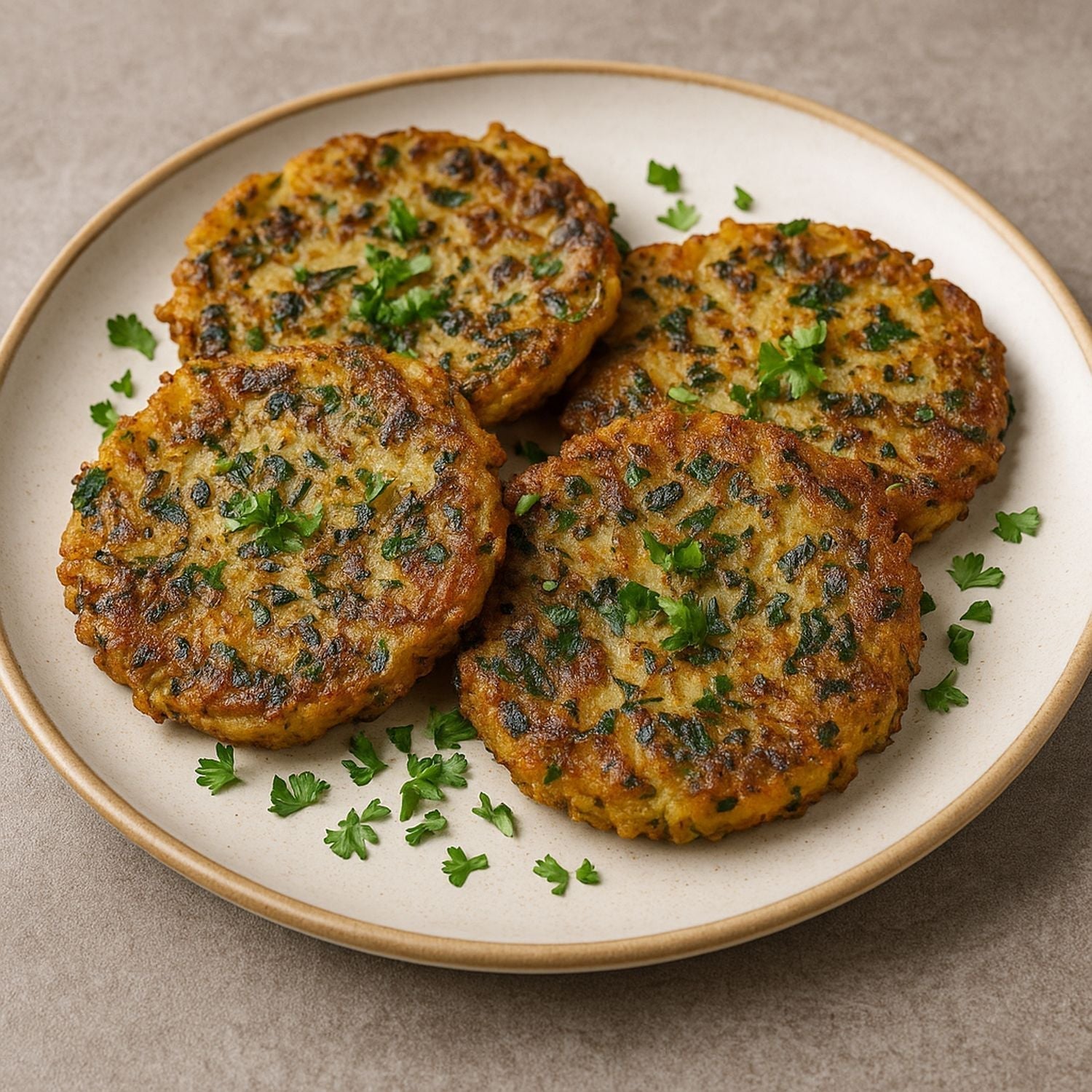 Bockshornklee-Kartoffel-Puffer mit SPINTZ Bockshornklee, goldbraun gebraten und mit frischer Petersilie garniert.