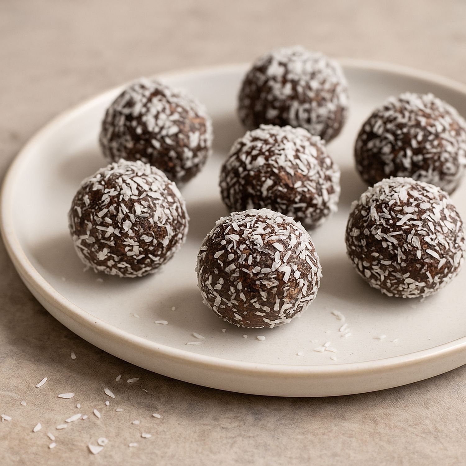 Carob-Energy-Bites mit SPINTZ Carob Pulver, Datteln, Mandeln und Kokosflocken – veganer und glutenfreier Energiesnack.
