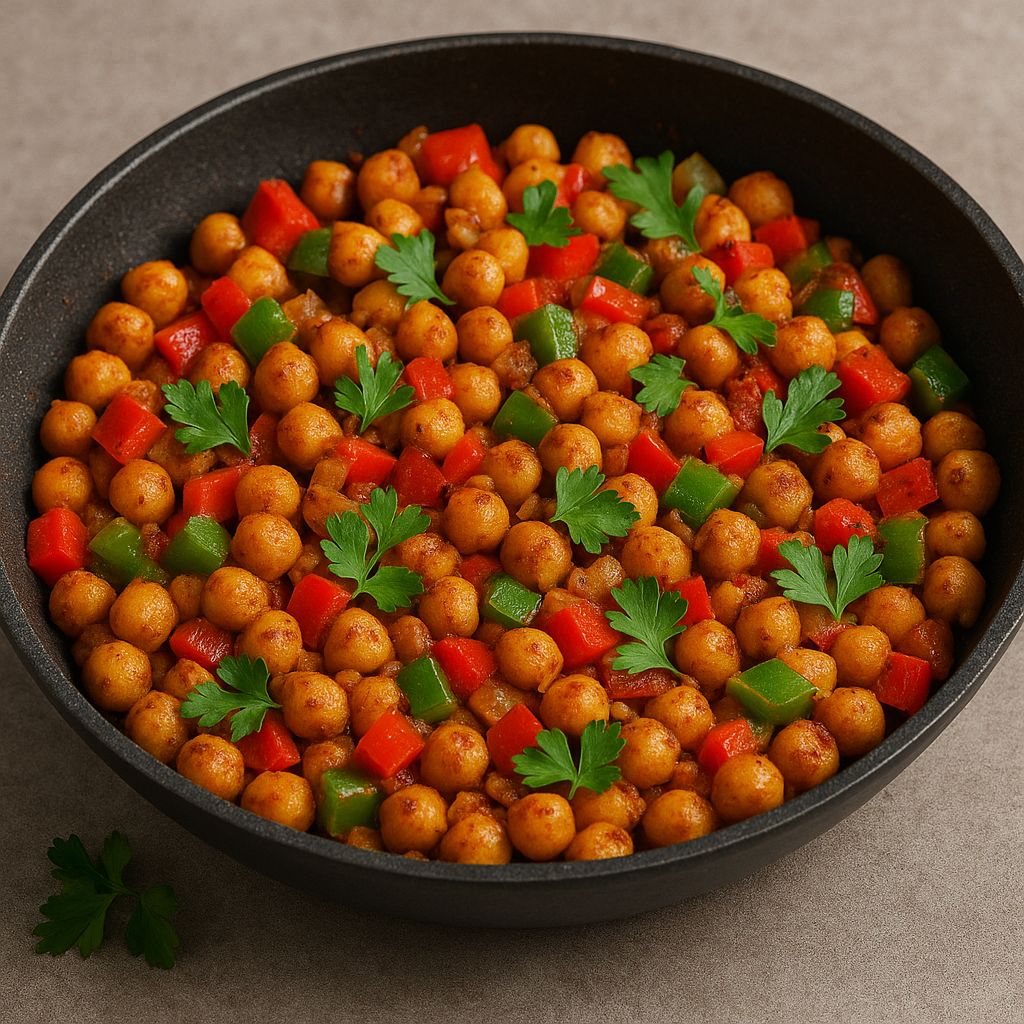Cumin-gewürzte Kichererbsenpfanne mit SPINTZ Cumin Pulver, roten und grünen Paprikawürfeln, goldbraun angebratenen Kichererbsen und frischer Petersilie in einer schwarzen Pfanne.