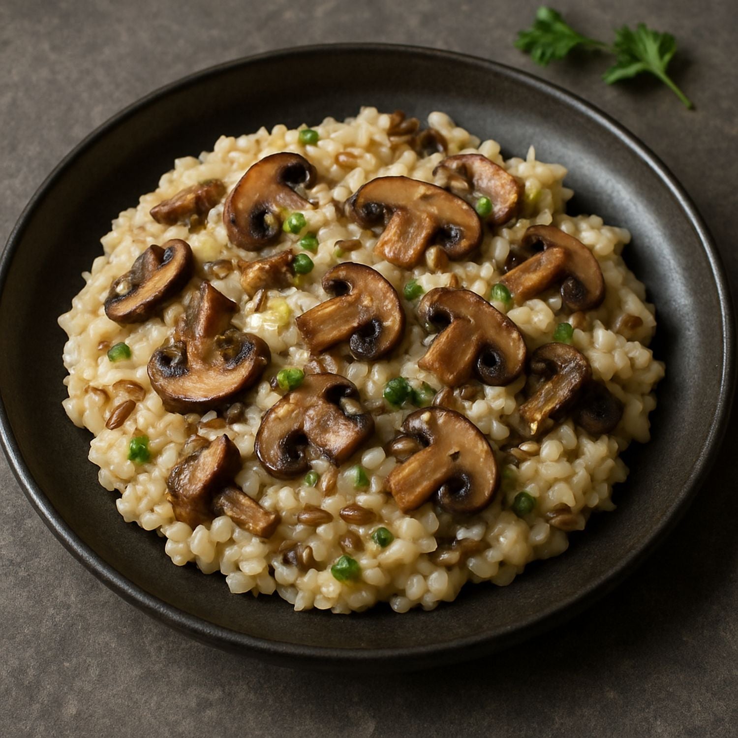 Fenchelsamen-Risotto mit SPINTZ Fenchelsamen, cremigem Arborio-Reis, sautierten Pilzen, Parmesan und frischer Petersilie.