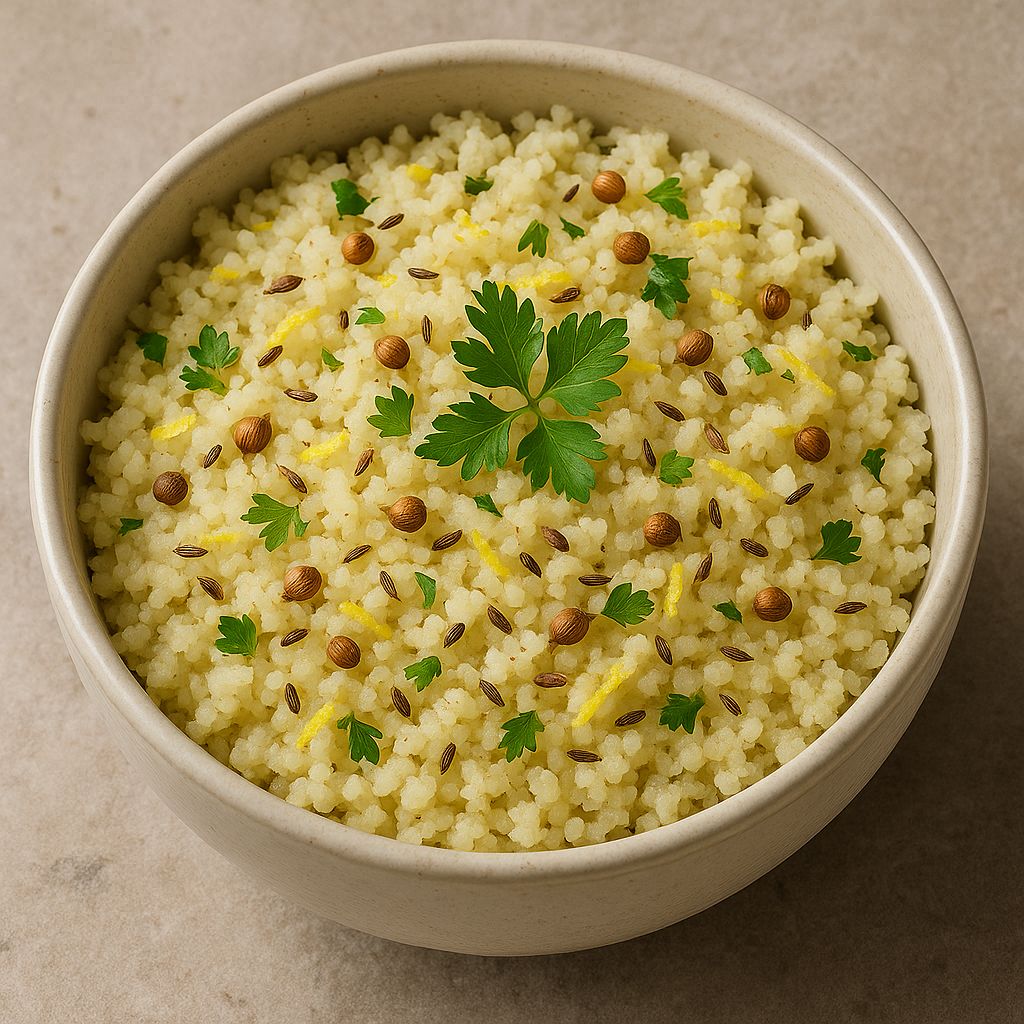 Koriander-Samen und Zitronen-Couscous mit SPINTZ Koriandersamen, Zitronenschale, frischer Petersilie und lockerem Couscous in einer Keramikschale.