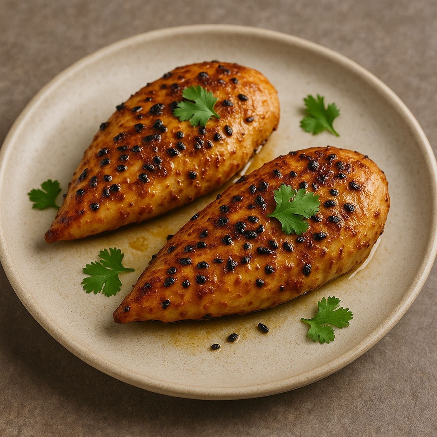 Zwei saftige Hähnchenbrustfilets mit SPINTZ Schwarzkümmel ganz, verfeinert mit Honig, Olivenöl, Zitronensaft und frischem Koriander, perfekt gebraten und angerichtet.
