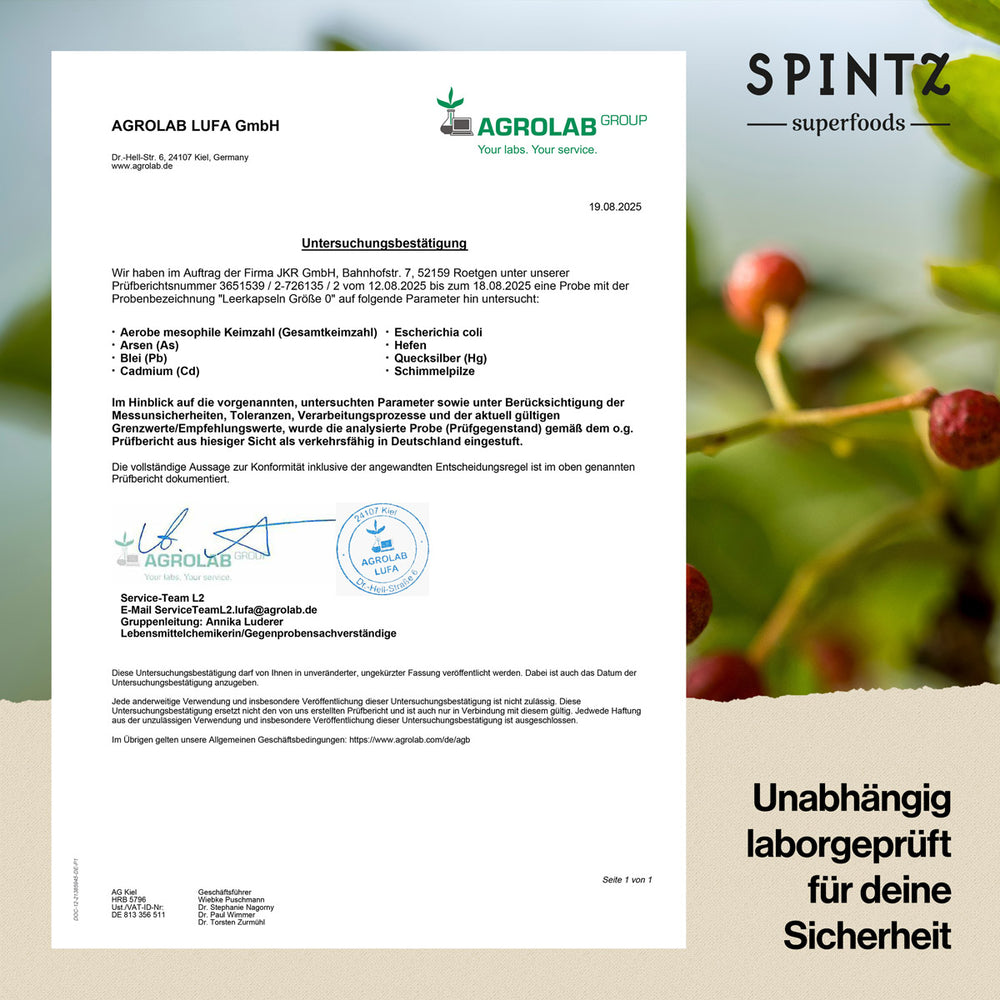 Laborzertifikat der AGROLAB LUFA GmbH für SPINTZ Leerkapseln – bestätigt die Unbedenklichkeit hinsichtlich Keimzahl, Schwermetallen, Hefen und Schimmelpilzen. Unabhängig geprüft für höchste Produktsicherheit.