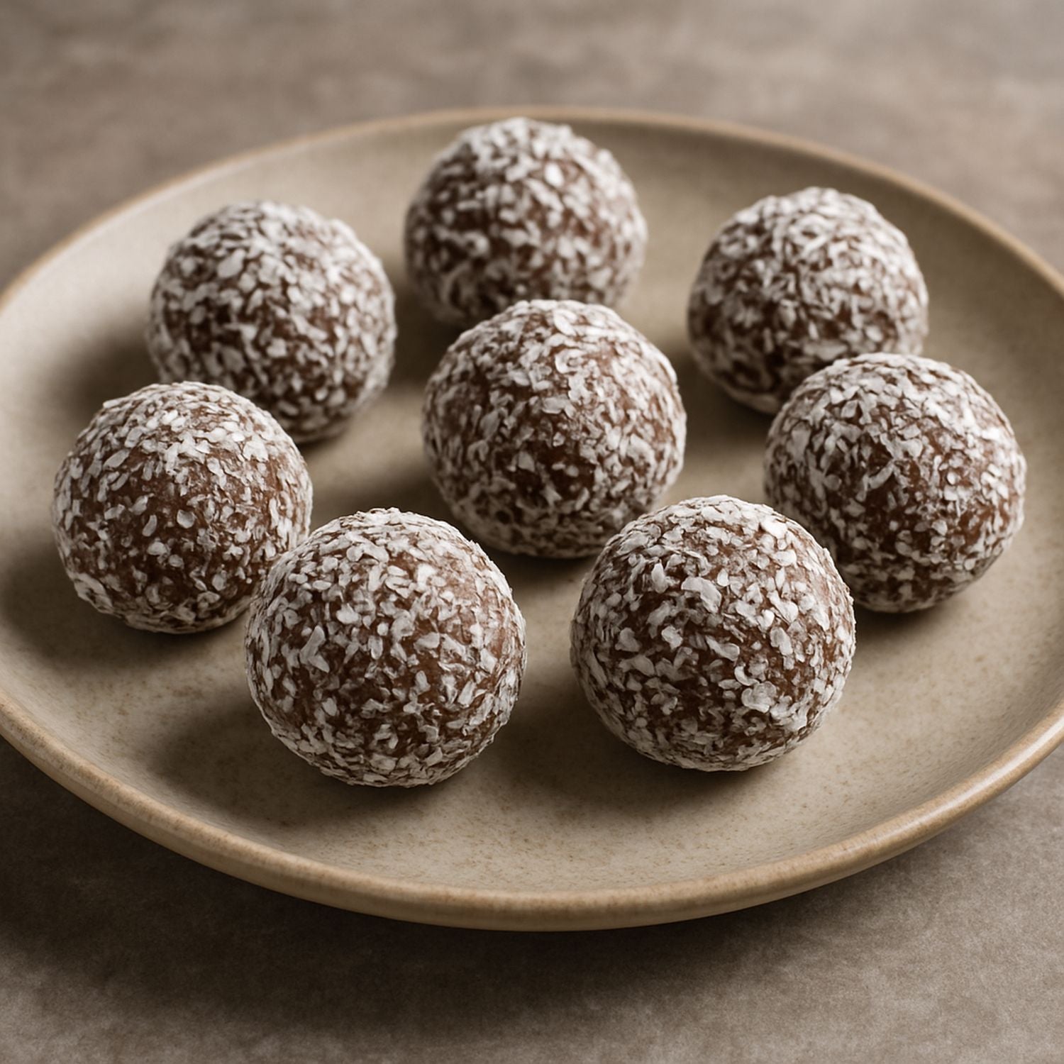 Ashwagandha Energy Balls mit SPINTZ Ashwagandha, Kakao, Datteln, Mandeln und Kokosflocken – gesunder Snack mit adaptogener Wirkung.