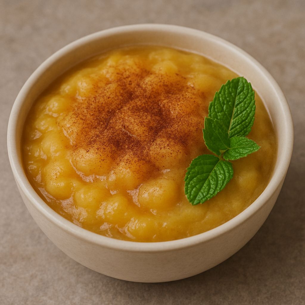 Ceylon-Zimt Apfelkompott mit SPINTZ Ceylon Zimt Pulver, cremiger Konsistenz, verfeinert mit Honig und garniert mit frischem Minzblatt.