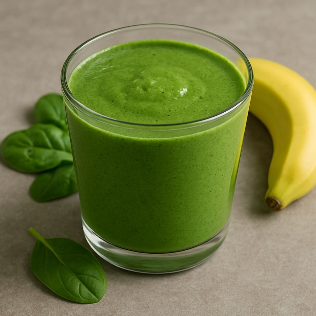 Gerstengras-Power-Smoothie mit SPINTZ Gerstengras Pulver, frischem Spinat, Banane und Mandelmilch, cremig gemixt im Glas serviert.