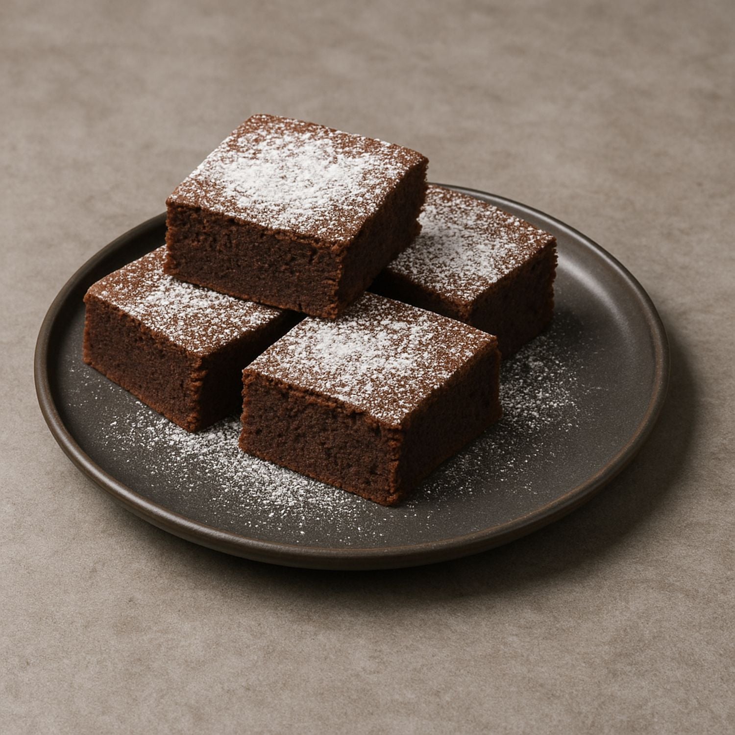 Gewürz-Nelken-Brownies mit SPINTZ gemahlenen Nelken, saftigem Schokoladenteig und Puderzucker, serviert auf einem dunklen Keramikteller.