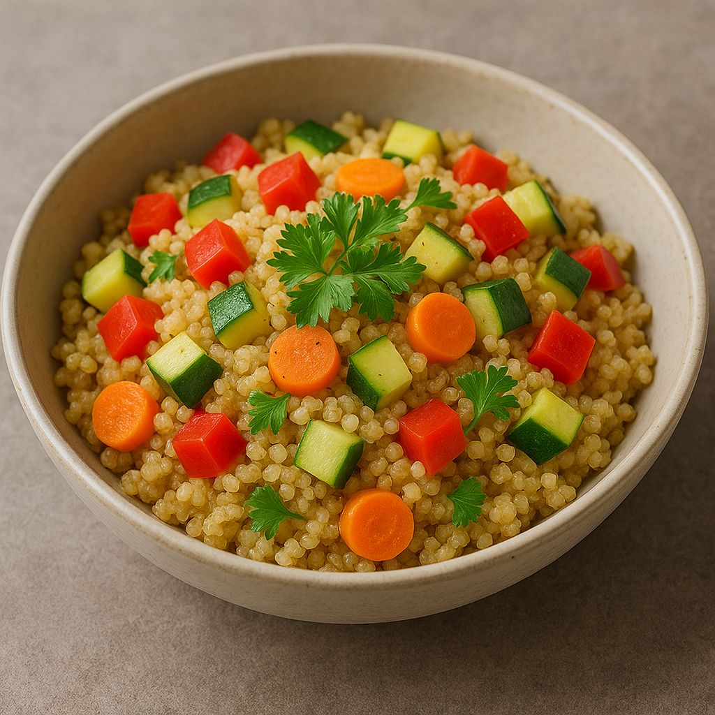 Ginger-Infused Quinoa Bowl mit Bio Ingwer Pulver von SPINTZ, roter Paprika, Zucchini, Karotte und frischer Petersilie auf fluffiger Quinoa in Gemüsebrühe.