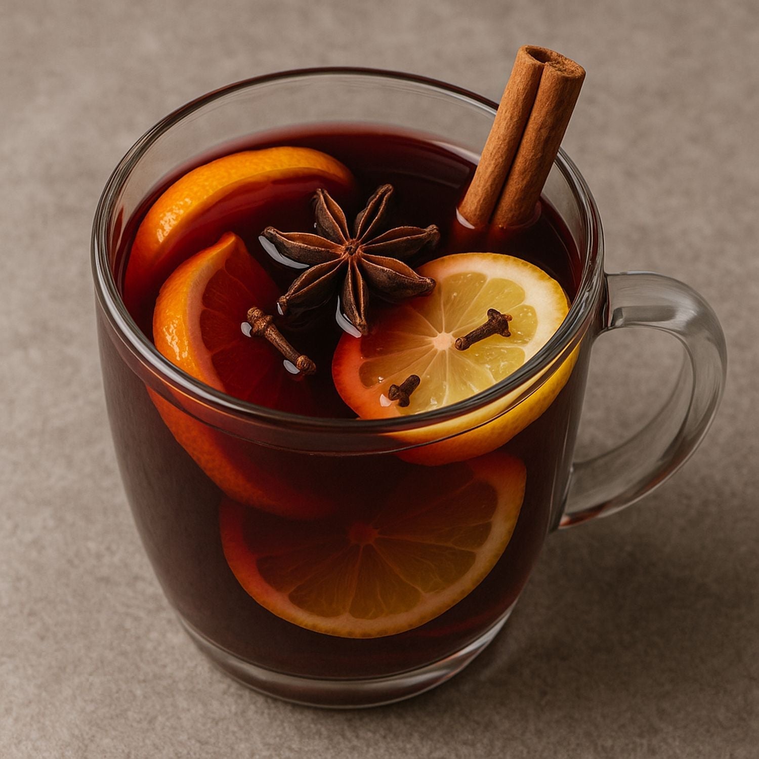 Glühwein mit SPINTZ Nelken, Zimtstange, Sternanis, Orangenscheiben und Zitrone in einem Glas, aromatisch gewürzt und servierbereit.