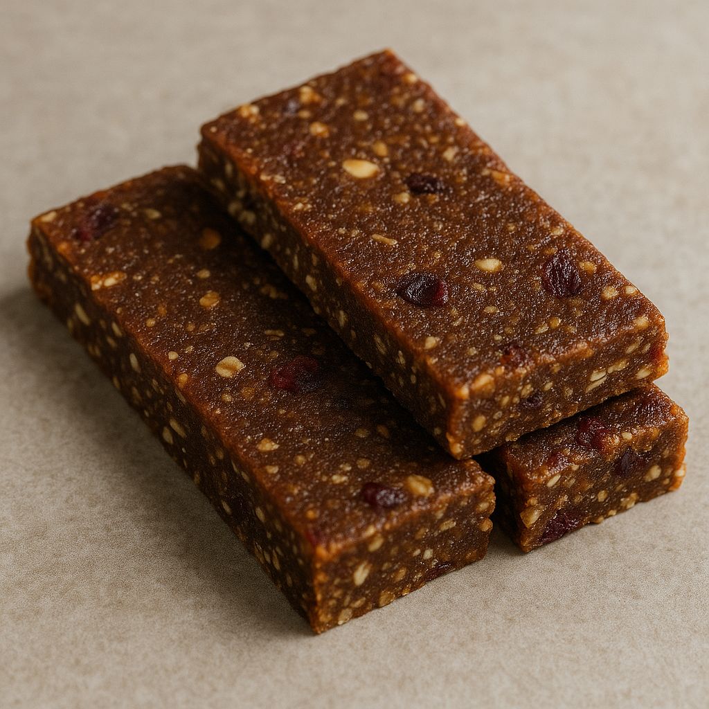 Guarana-Frucht-Energieriegel mit SPINTZ Guarana Pulver, Datteln, Haferflocken, Mandelbutter und getrockneten Früchten, in Riegelform serviert.