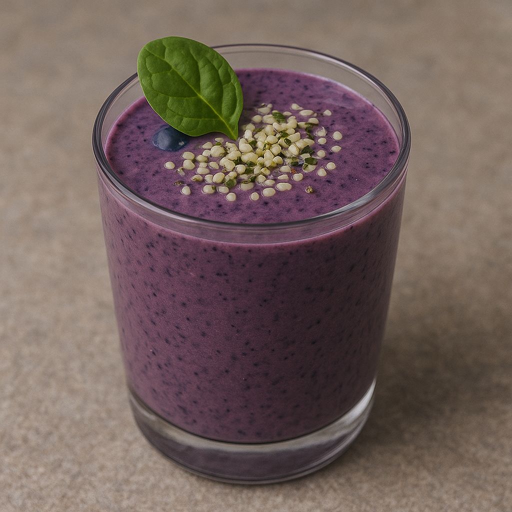 Hanfsamen-Smoothie mit geschälten Hanfsamen von SPINTZ, Banane, Blaubeeren, Spinat und Mandelmilch, cremig püriert und garniert mit frischen Hanfsamen und Spinatblatt.