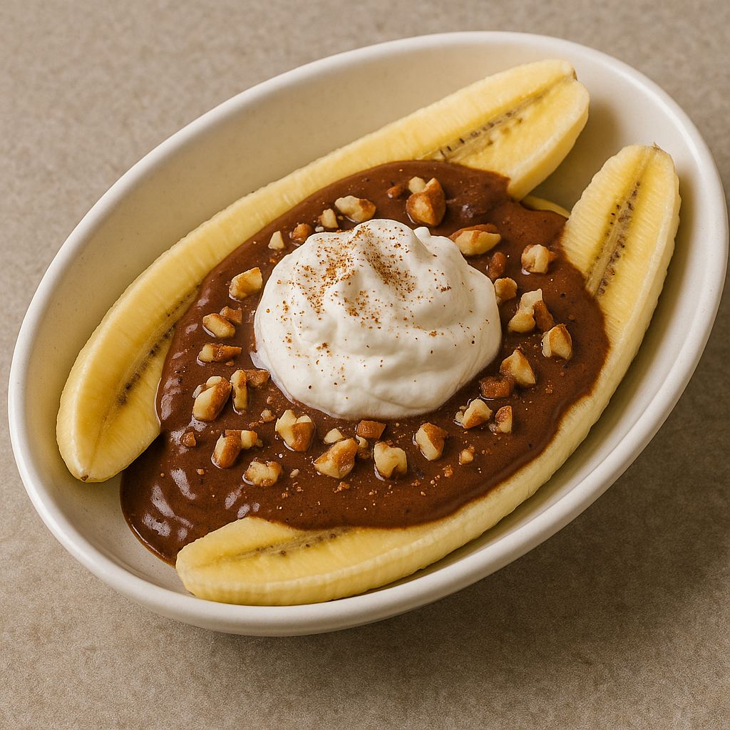 Kakao-Pulver-Banana-Split mit SPINTZ Kakao Pulver, frischen Bananen, cremiger Kakao-Erdnussbutter-Soße, Schlagsahne und gehackten Nüssen.
