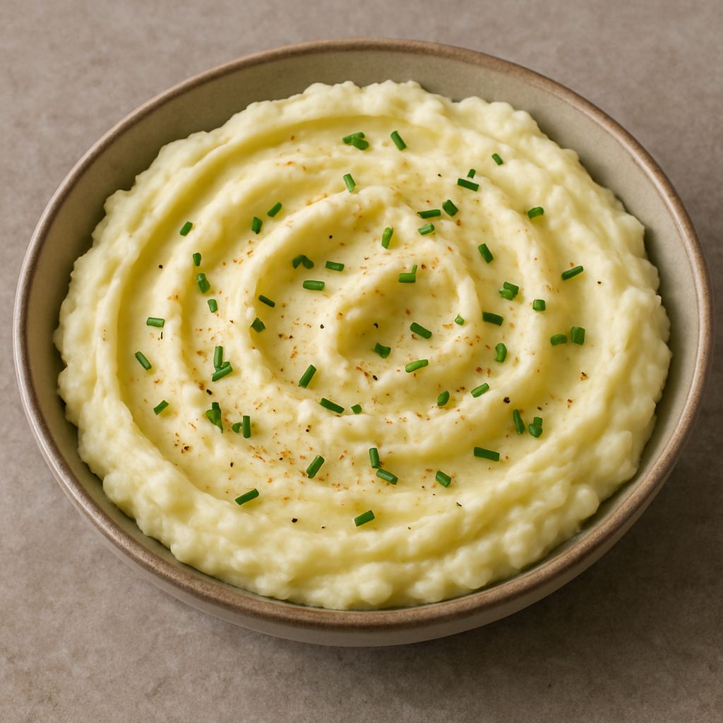 Knoblauch-Granulat-Kartoffelpüree mit SPINTZ Knoblauch Granulat, cremig gestampft, verfeinert mit Butter, Milch und frischem Schnittlauch.