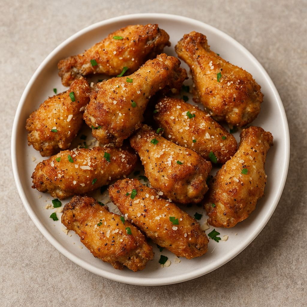 Knusprige Knoblauch-Parmesan-Hähnchenflügel mit SPINTZ Knoblauch Pulver, goldbraun gebraten und mit Parmesan und frischen Kräutern bestreut.