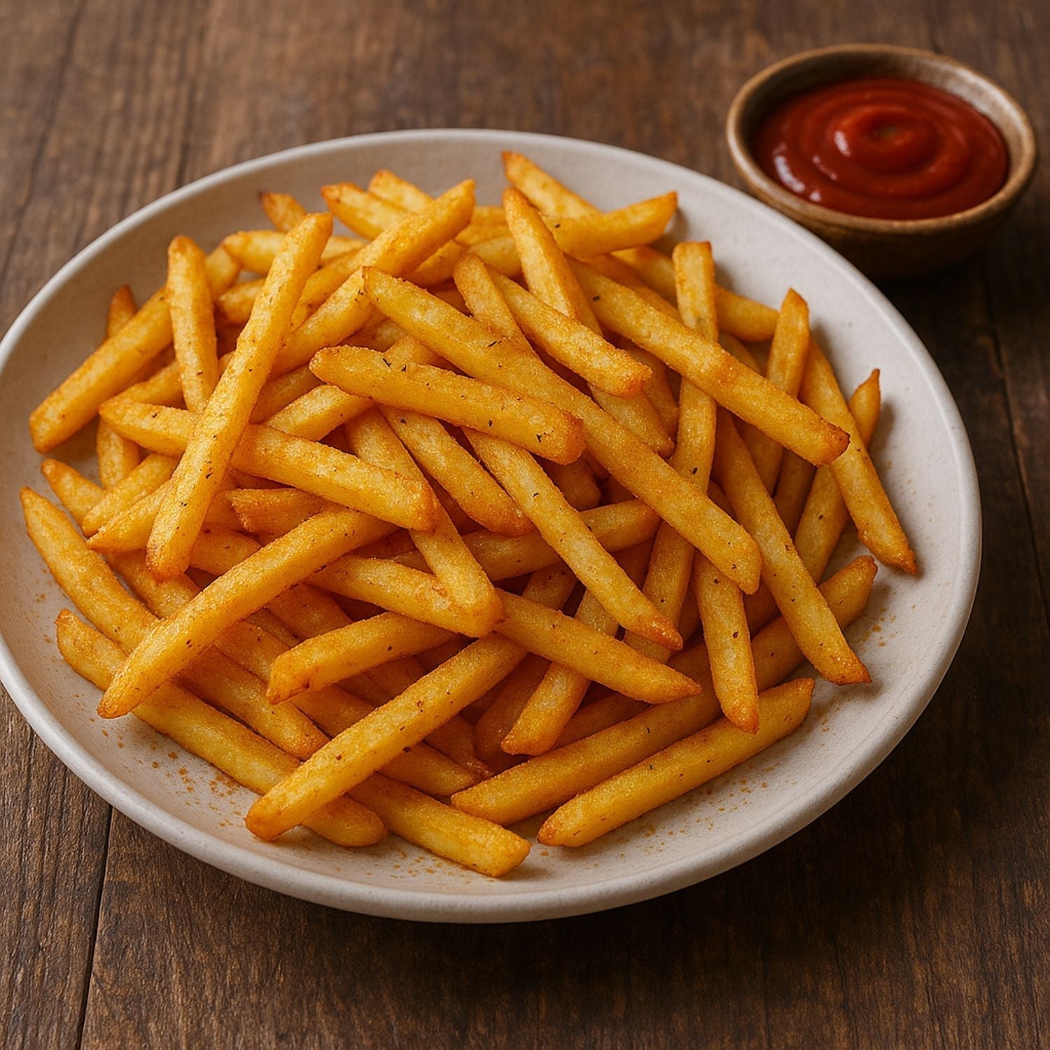 Knusprige Pommes mit SPINTZ Pommeswürzsalz, goldbraun gebacken, serviert auf Keramikteller mit Ketchup im Schälchen.