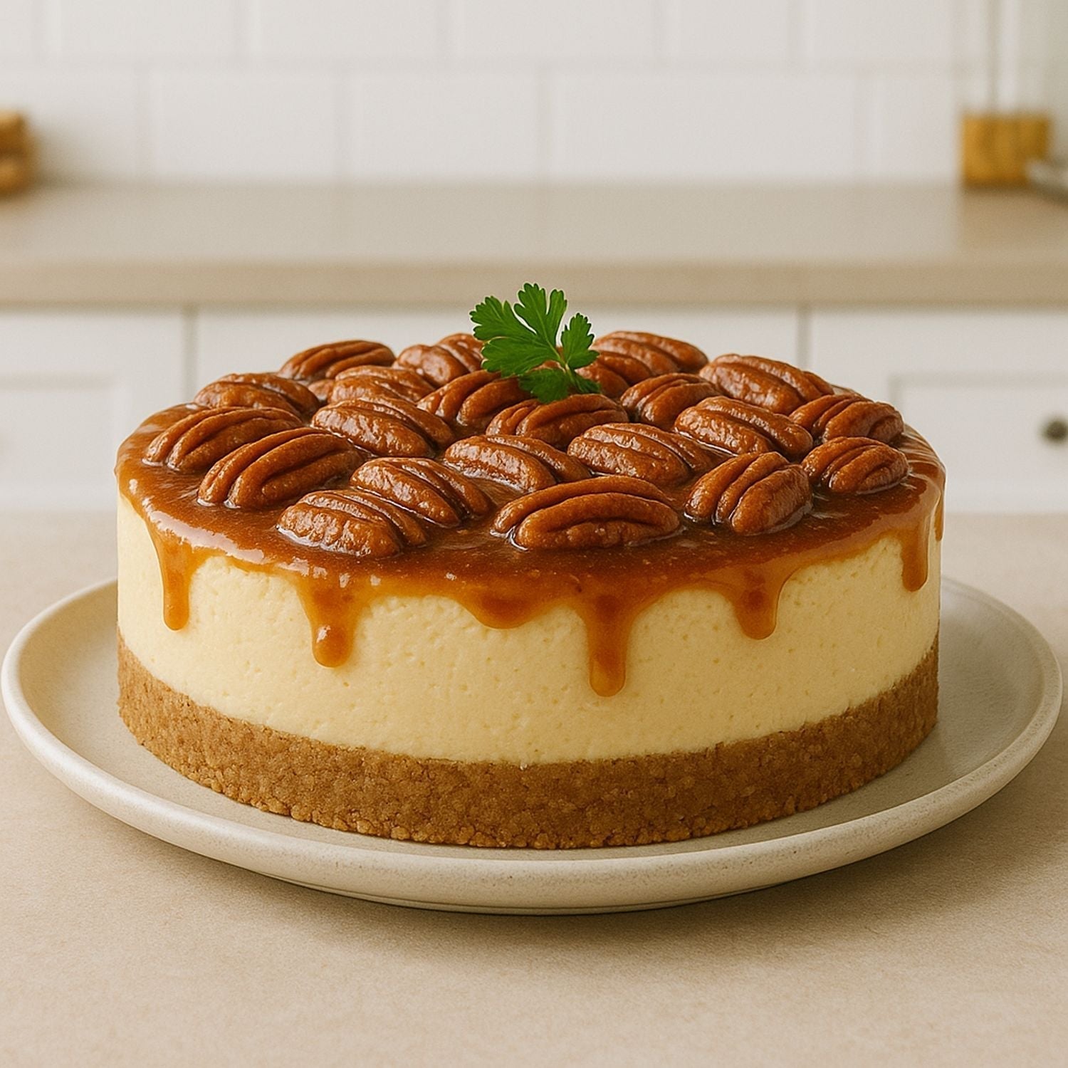 Kokos-Karamell-Cheesecake mit SPINTZ Kokosblütenzucker, knusprigem Vollkornkeksboden, cremiger Füllung und goldbrauner Karamell-Pekannuss-Schicht, serviert in heller Küche.