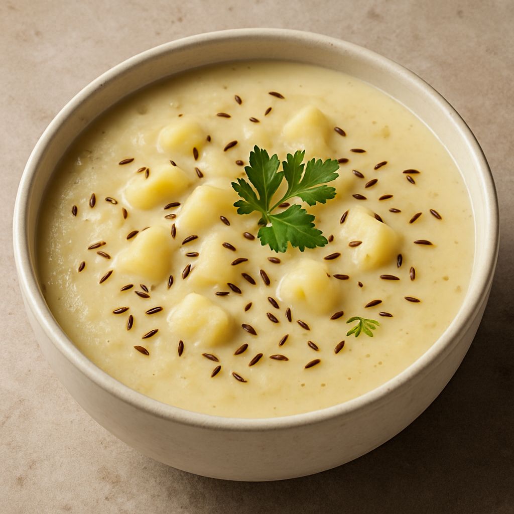 Kümmel-Kartoffelsuppe mit SPINTZ Kümmelsamen, cremiger Konsistenz, zarten Kartoffelstücken und frischer Petersilie im Keramikschälchen.