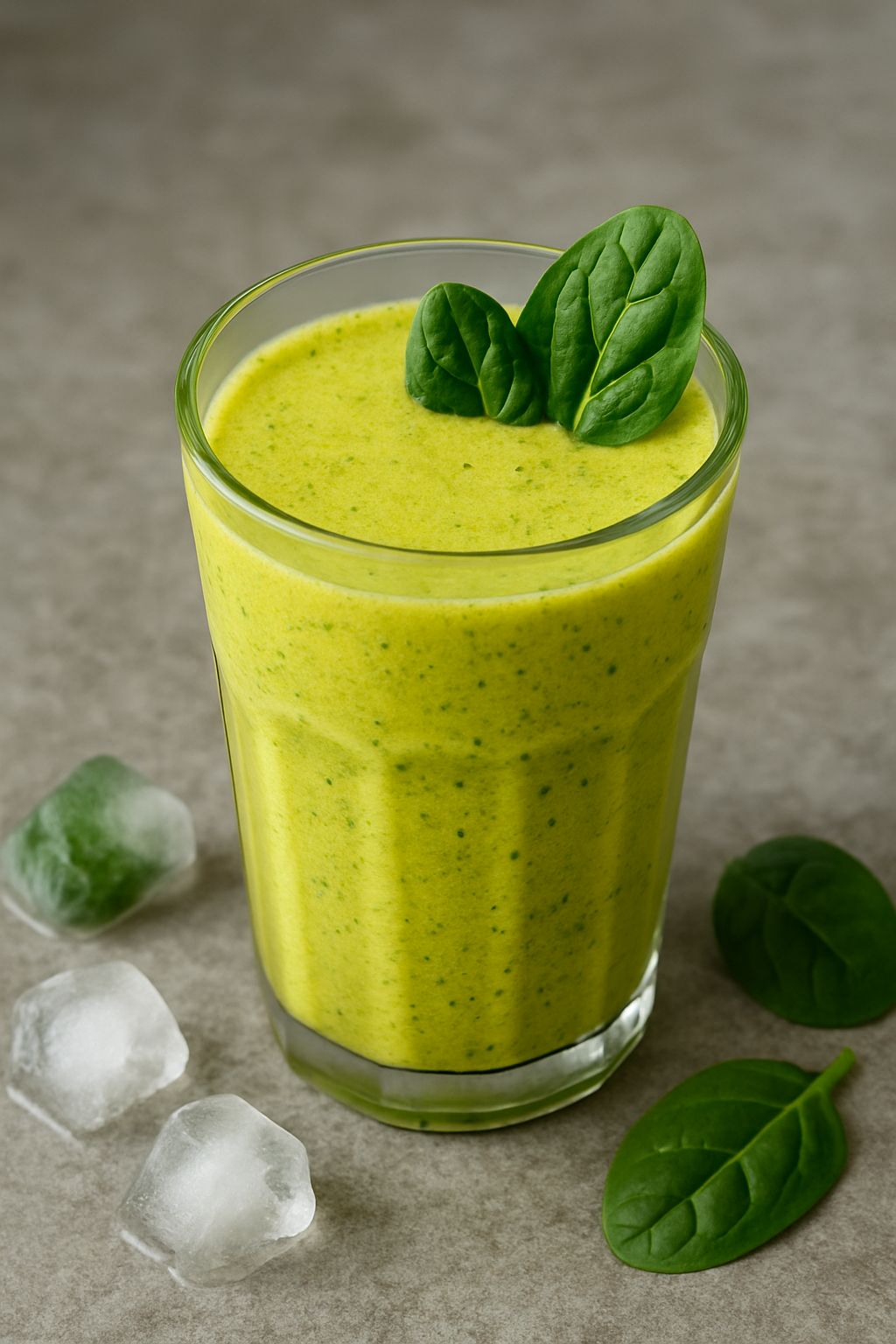 Kurkuma-Gerstengras Smoothie mit SPINTZ Kurkuma-Gerstengraspulver, Banane, Spinat und Mandelmilch, serviert in einem Glas mit Spinatblättern garniert.