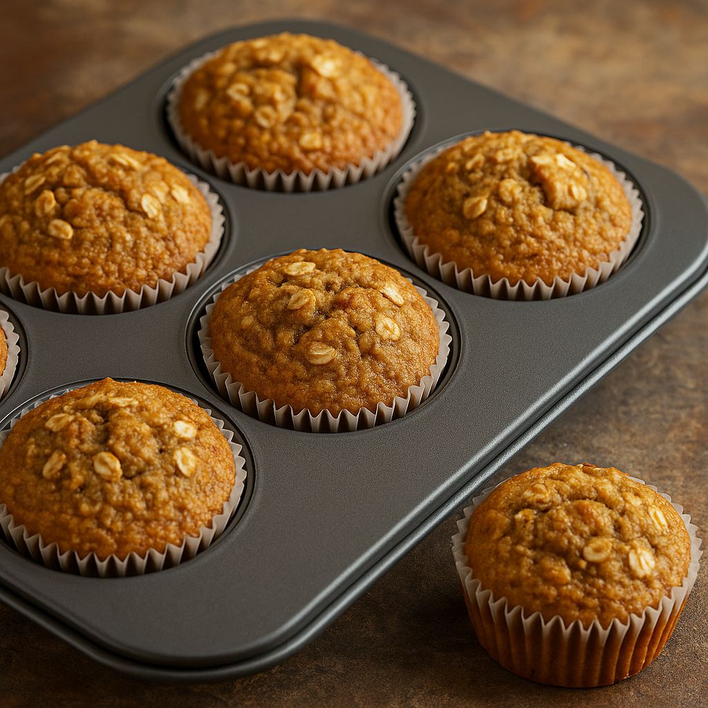 Maca-Haferflocken-Muffins mit SPINTZ Maca Pulver, goldbraun gebacken, mit Haferflocken bestreut, frisch aus der Muffinform.