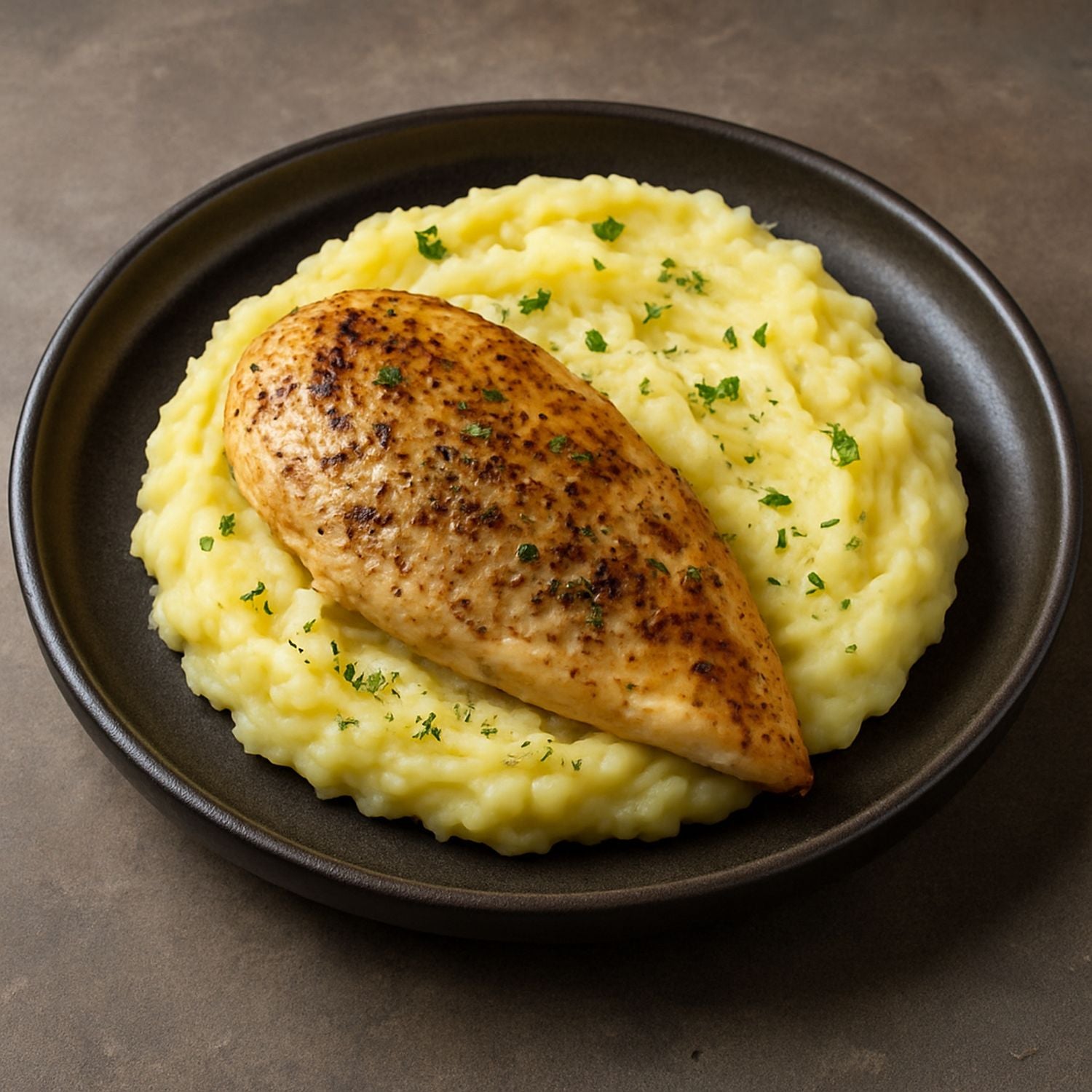 Majoran-Hähnchenbrust mit SPINTZ Majoran, serviert auf cremigem Kartoffelpüree, angerichtet auf einem dunklen Keramikteller.