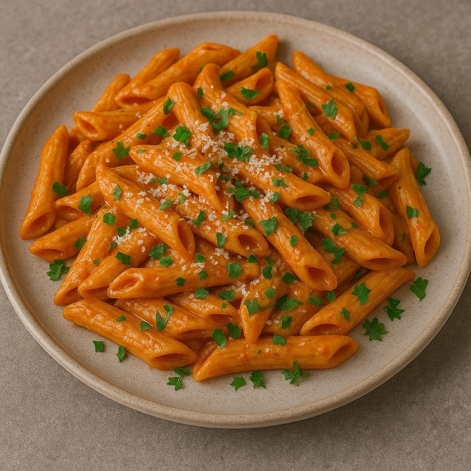 Cremige Paprika edelsüß Pasta mit SPINTZ Paprika, frischem Parmesan und Petersilie, serviert auf einem Teller.