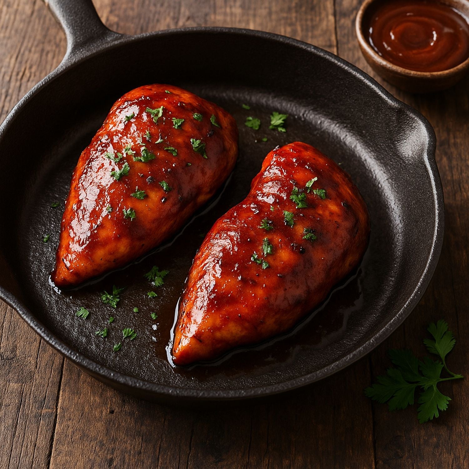 Zwei BBQ-Hähnchenbrustfilets mit SPINTZ Rauchsalz, ohne Grillstreifen, glasiert in BBQ-Sauce, serviert in gusseiserner Pfanne auf rustikalem Holztisch.