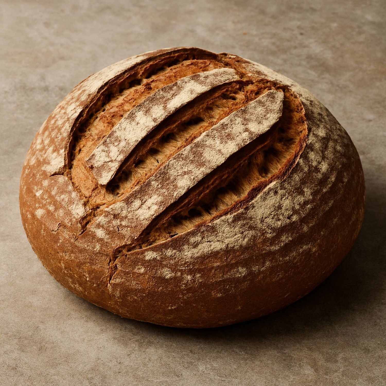 Rustikales Bauernbrot mit SPINTZ Brotgewürz, Weizen- und Roggenmehl, goldbrauner Kruste und aromatischem Geschmack.