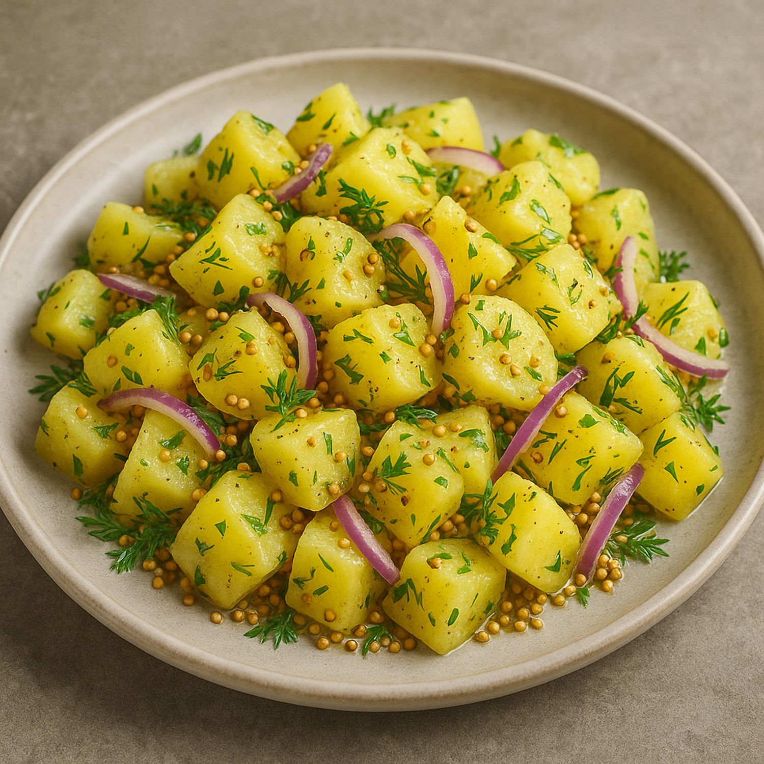 SPINTZ Senf-Dill-Kartoffelsalat: goldene Kartoffelwürfel mit ganzen Senfkörnern, frischem Dill, roten Zwiebeln, Olivenöl und Weißweinessig – frisch angerichtet ohne Verpackung.
