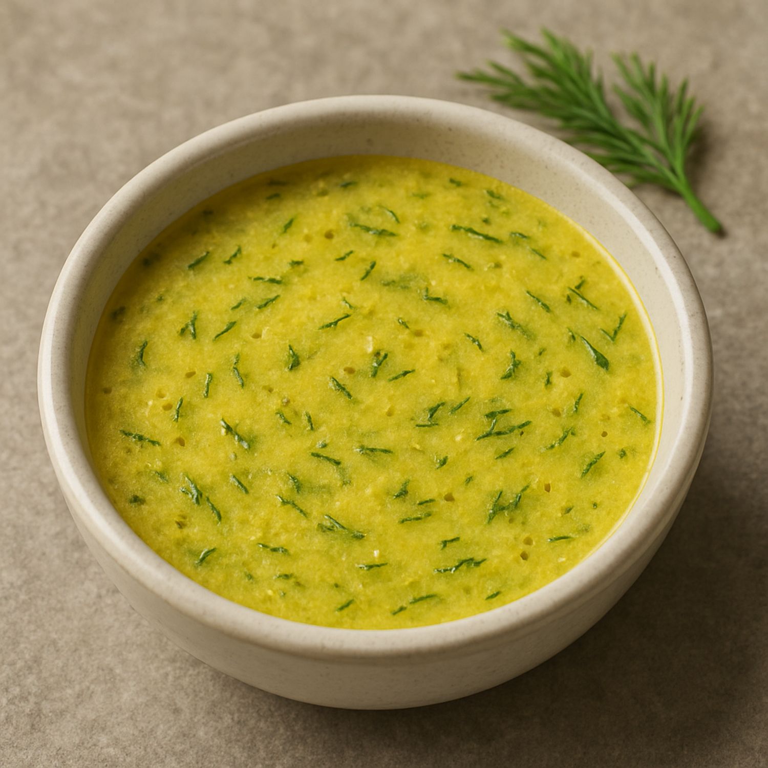 SPINTZ Senfmehl-Dill-Dressing: cremige gelbe Sauce mit frischem Dill, Olivenöl, Zitronensaft und Honig – serviert in einer Keramikschale.