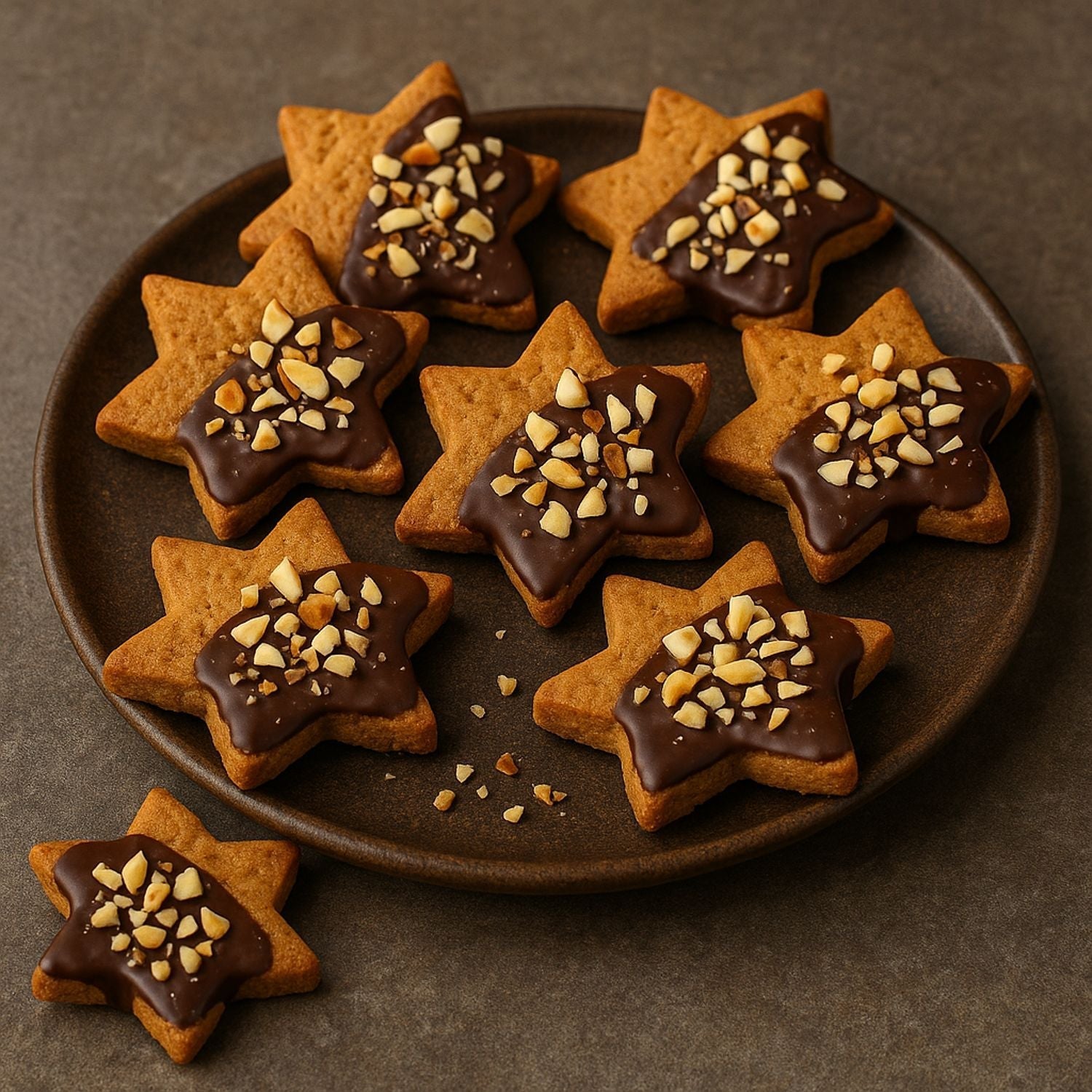 SPINTZ Spekulatius-Marzipan-Sterne – weihnachtliche Plätzchen mit Spekulatius-Gewürz, Marzipan, gehackten Mandeln und Zartbitterschokolade, dekorativ angerichtet auf rustikalem Teller.