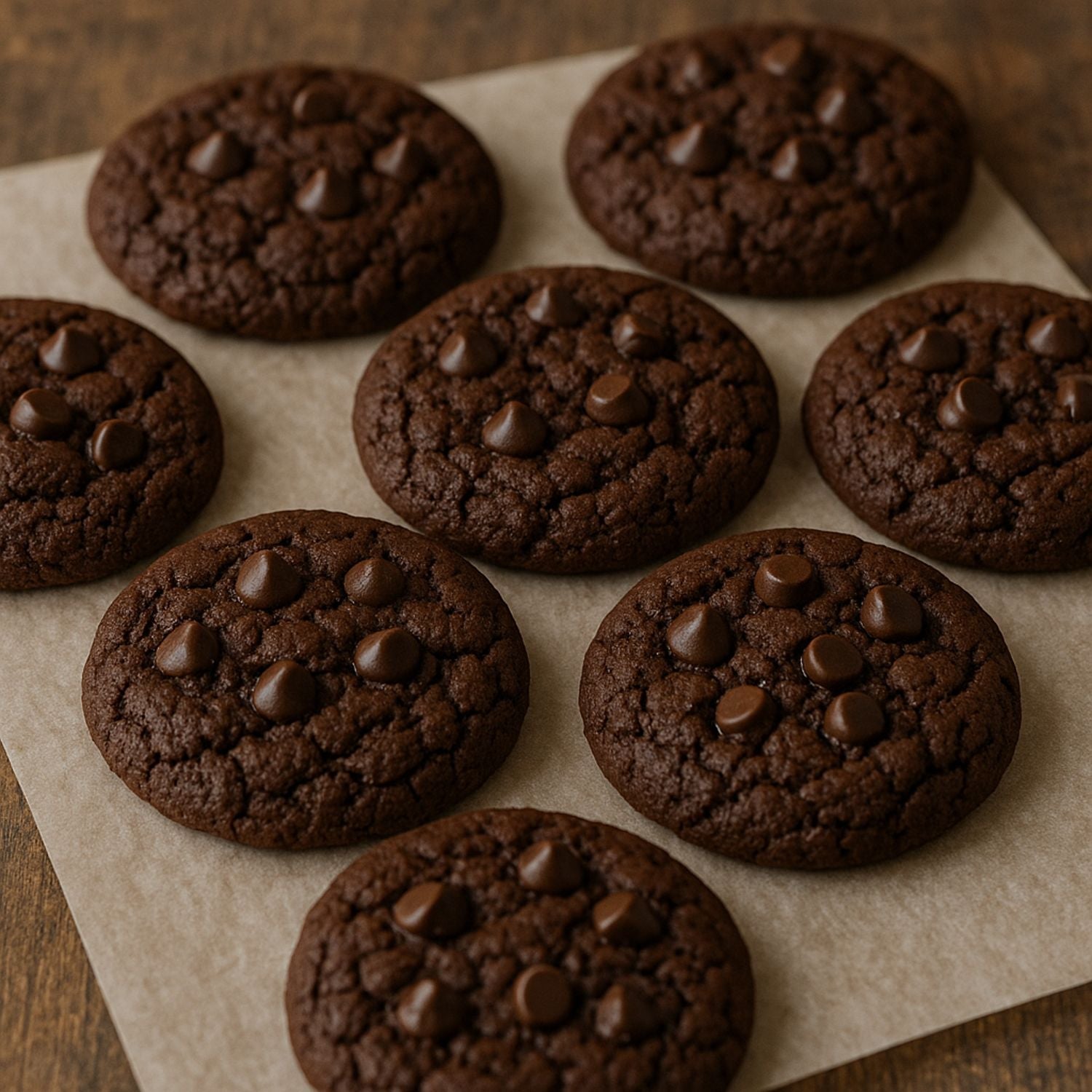 SPINTZ Traubenkernmehl-Schokoladenkekse – frisch gebacken, saftig und schokoladig, auf Backpapier angerichtet, perfekte Kombination aus Traubenkernmehl und Schokolade
