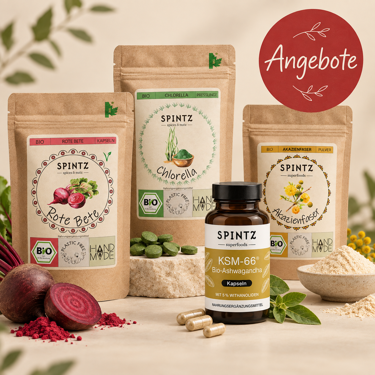 Ausgewählte SPINTZ Superfoods und Bio-Produkte aus dem Angebotsbereich in natürlicher Darstellung