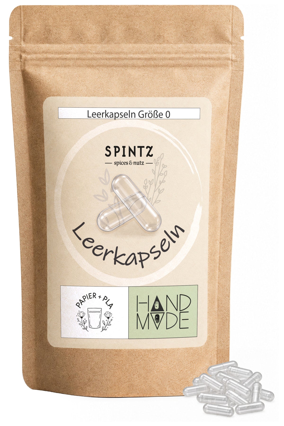 SPINTZ Leerkapseln Größe 0 im Kraftpapierbeutel mit transparenten Kapselhüllen im Vordergrund.
