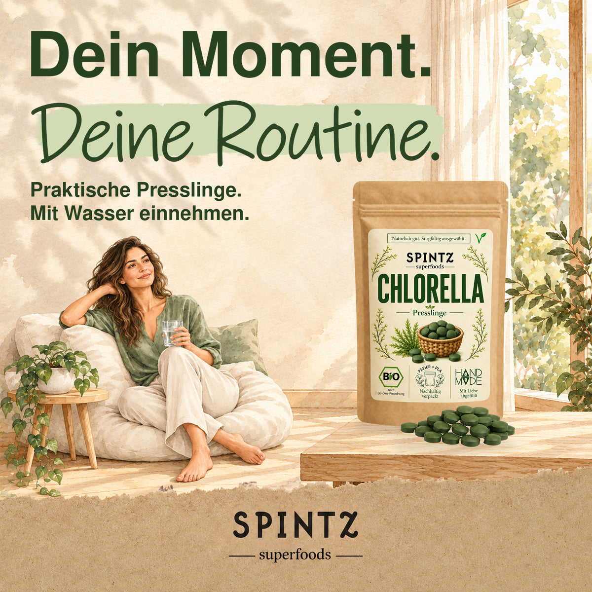 SPINTZ Bio-Chlorella-Presslinge für die tägliche Routine, dargestellt mit einer Frau und einem Glas Wasser.