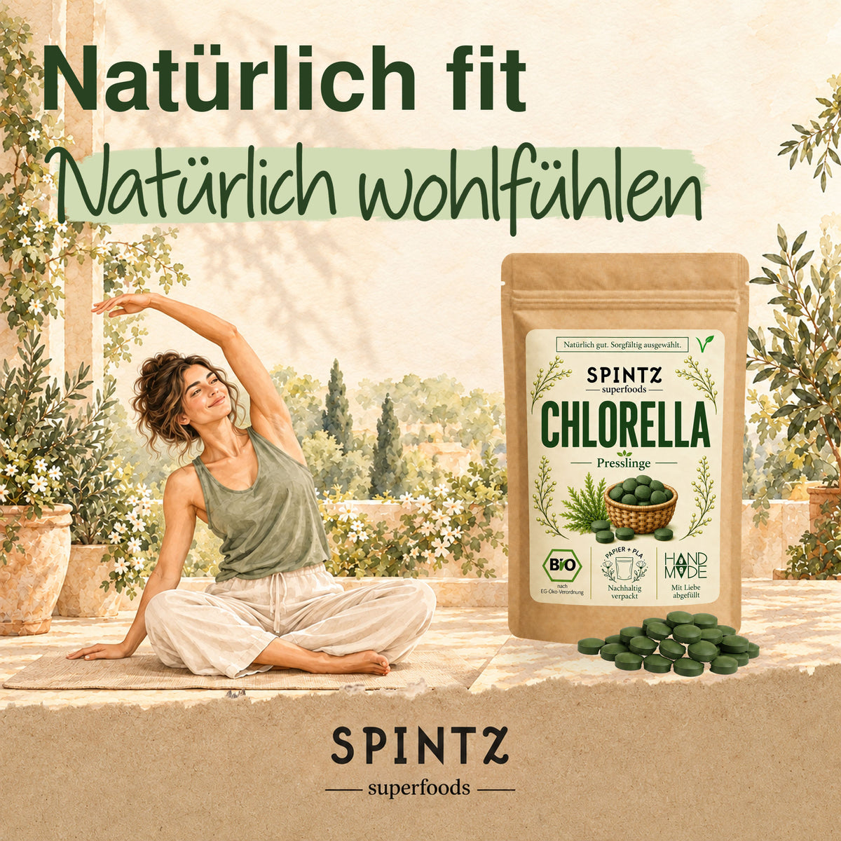 SPINTZ Bio-Chlorella-Presslinge neben einer entspannt im Grünen sitzenden Frau in einer Aquarellszene.