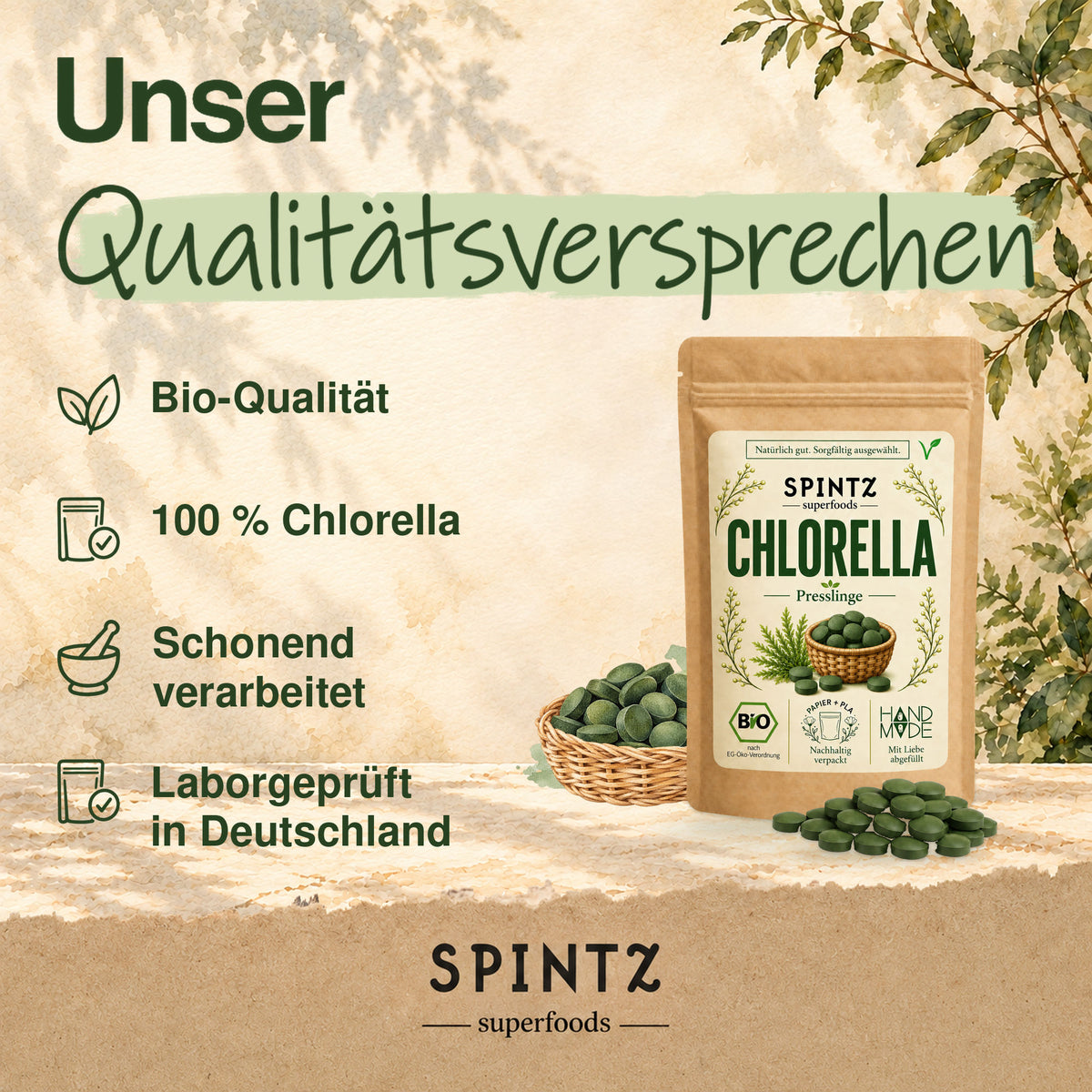 Qualitätsversprechen für SPINTZ Bio-Chlorella: 100 % Chlorella, schonend verarbeitet und chargenbezogen laborgeprüft.