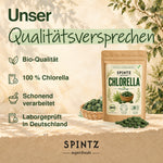 Qualitätsversprechen für SPINTZ Bio-Chlorella: 100 % Chlorella, schonend verarbeitet und chargenbezogen laborgeprüft.