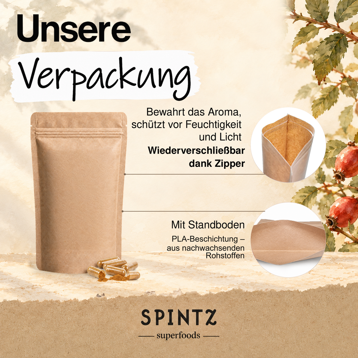 PLA beschichtete Verpackung der SPINTZ Bio-Hagebutten-Kapseln mit Standboden, wiederverschließbarem Zipper und Aromaschutz.