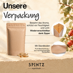 PLA beschichtete Verpackung der SPINTZ Bio-Hagebutten-Kapseln mit Standboden, wiederverschließbarem Zipper und Aromaschutz.