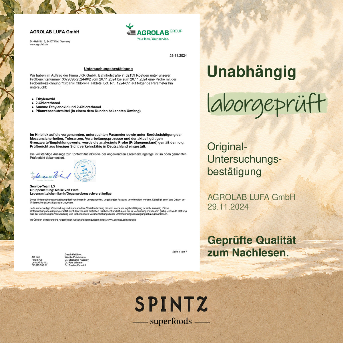 Laborbericht zur unabhängigen Prüfung der SPINTZ Bio-Chlorella-Presslinge.