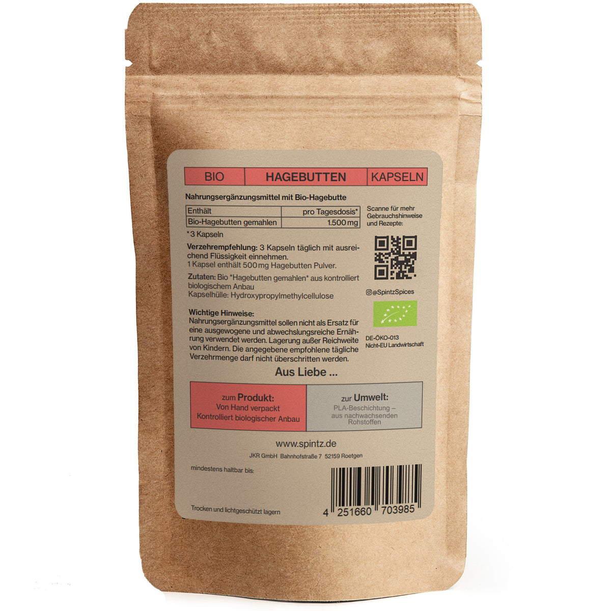 Rückseite des SPINTZ Bio-Hagebutten Kapseln mit Produktinformationen und Bio-Kennzeichnung.