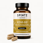 Braune SPINTZ Glasflasche mit Bio KSM-66 Ashwagandha Kapseln und losen Kapseln