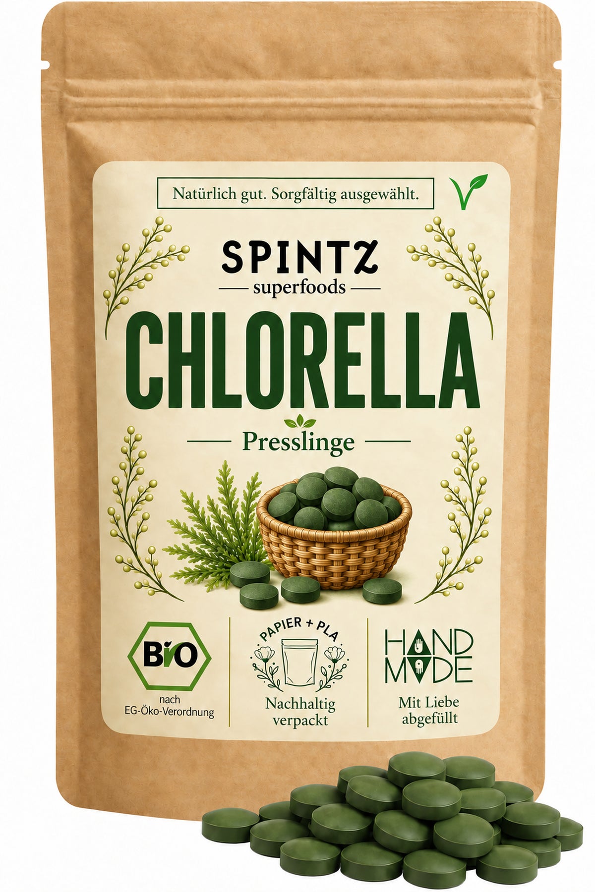 SPINTZ Bio-Chlorella-Presslinge im Kraftpapierbeutel mit grünen Algentabletten im Vordergrund.
