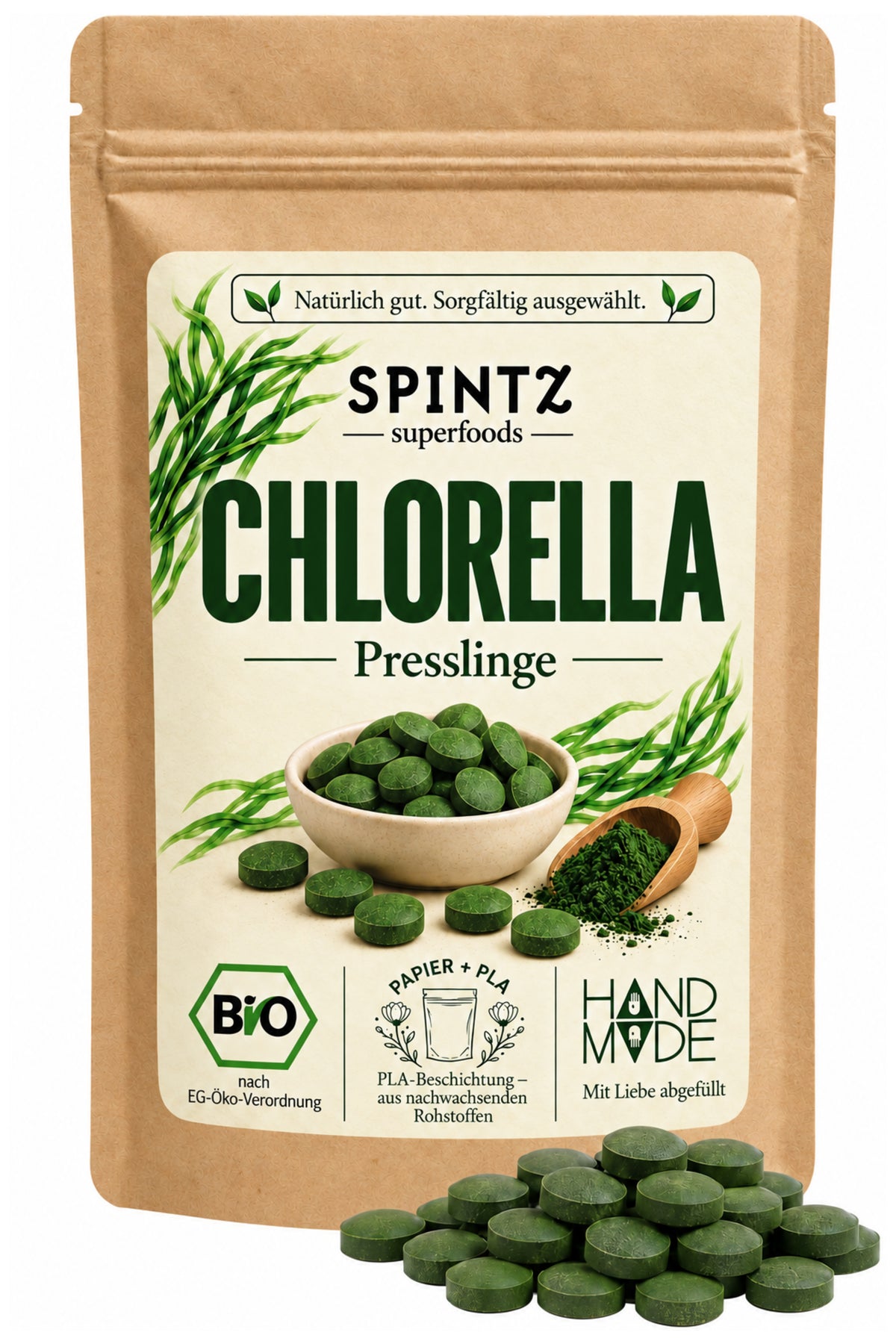 SPINTZ Bio-Chlorella-Presslinge im Kraftpapierbeutel mit grünen Algentabletten im Vordergrund.