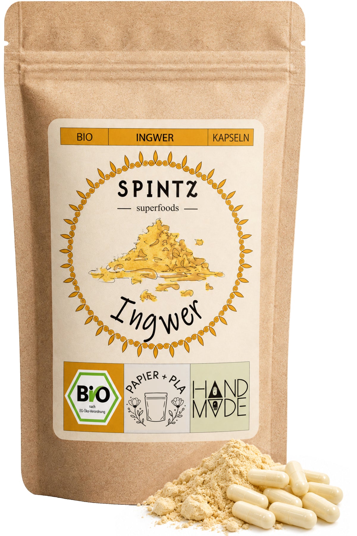 SPINTZ Bio-Ingwer-Kapseln im Kraftpapierbeutel mit hellen Kapseln und Ingwerpulver im Vordergrund.