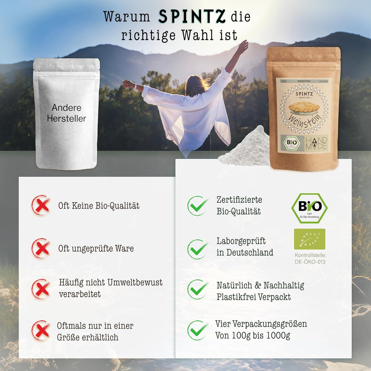 Vergleich von SPINTZ Weinsteinpulver mit herkömmlichem Weinstein und Darstellung der Qualitätsvorteile