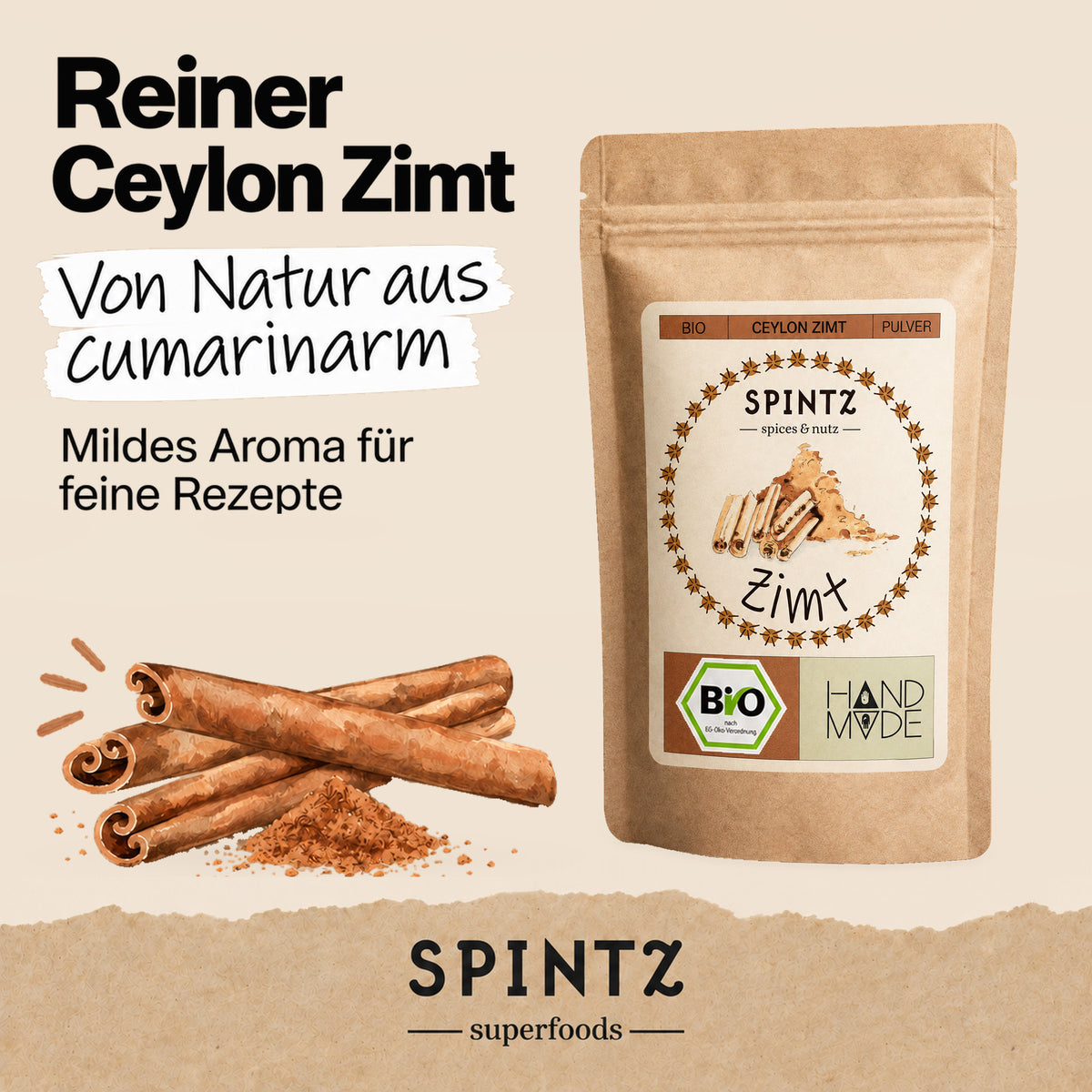 SPINTZ Bio-Ceylon-Zimt mit illustrierten Zimtstangen und dem Hinweis „von Natur aus cumarinarm“.