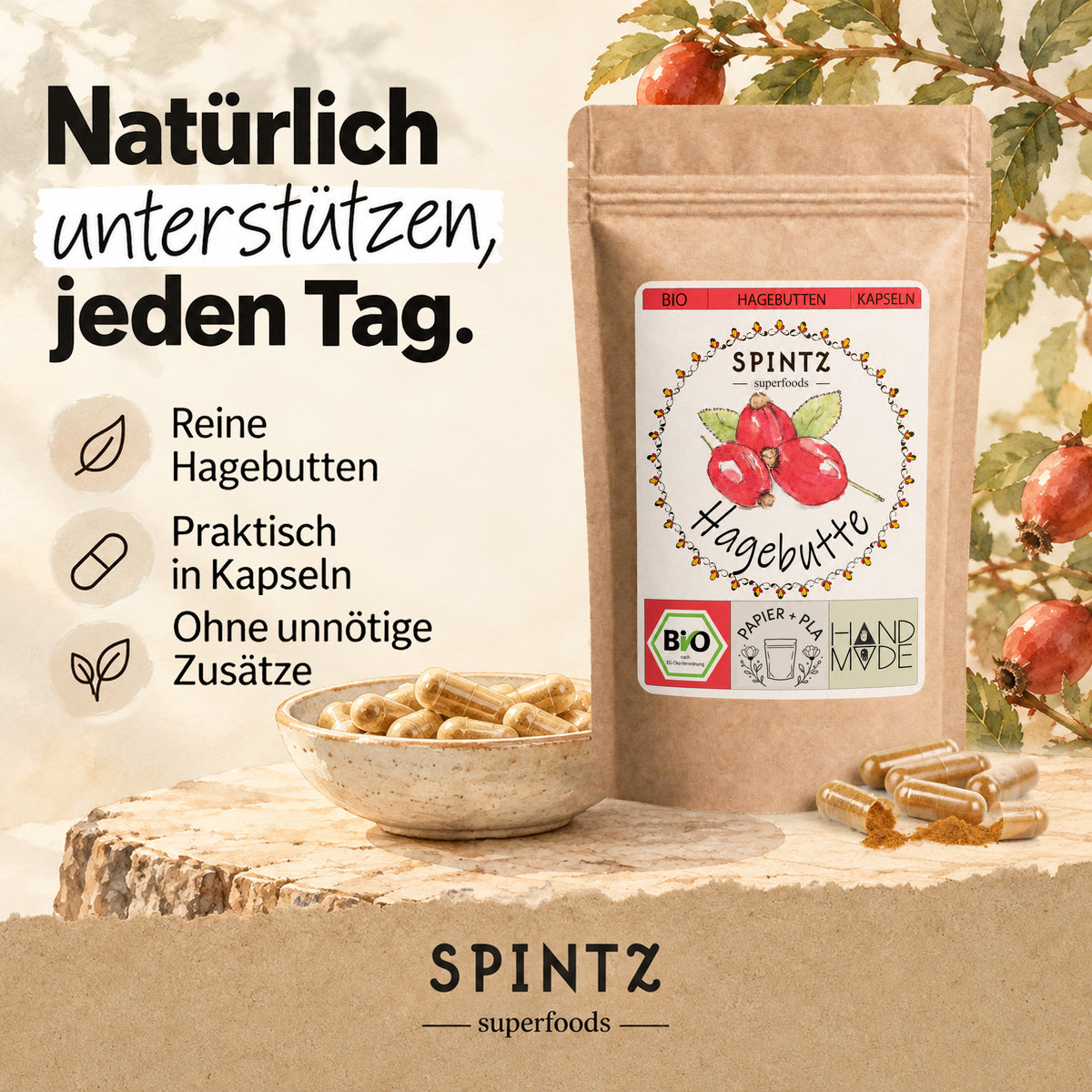 SPINTZ Bio-Hagebutten-Kapseln mit reinem Hagebuttenpulver, dargestellt mit Pulverschale und Hagebuttenzweigen.