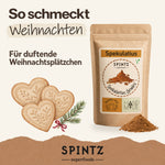 SPINTZ Spekulatiusgewürz für Weihnachtsplätzchen, dargestellt mit herzförmigen Keksen.
