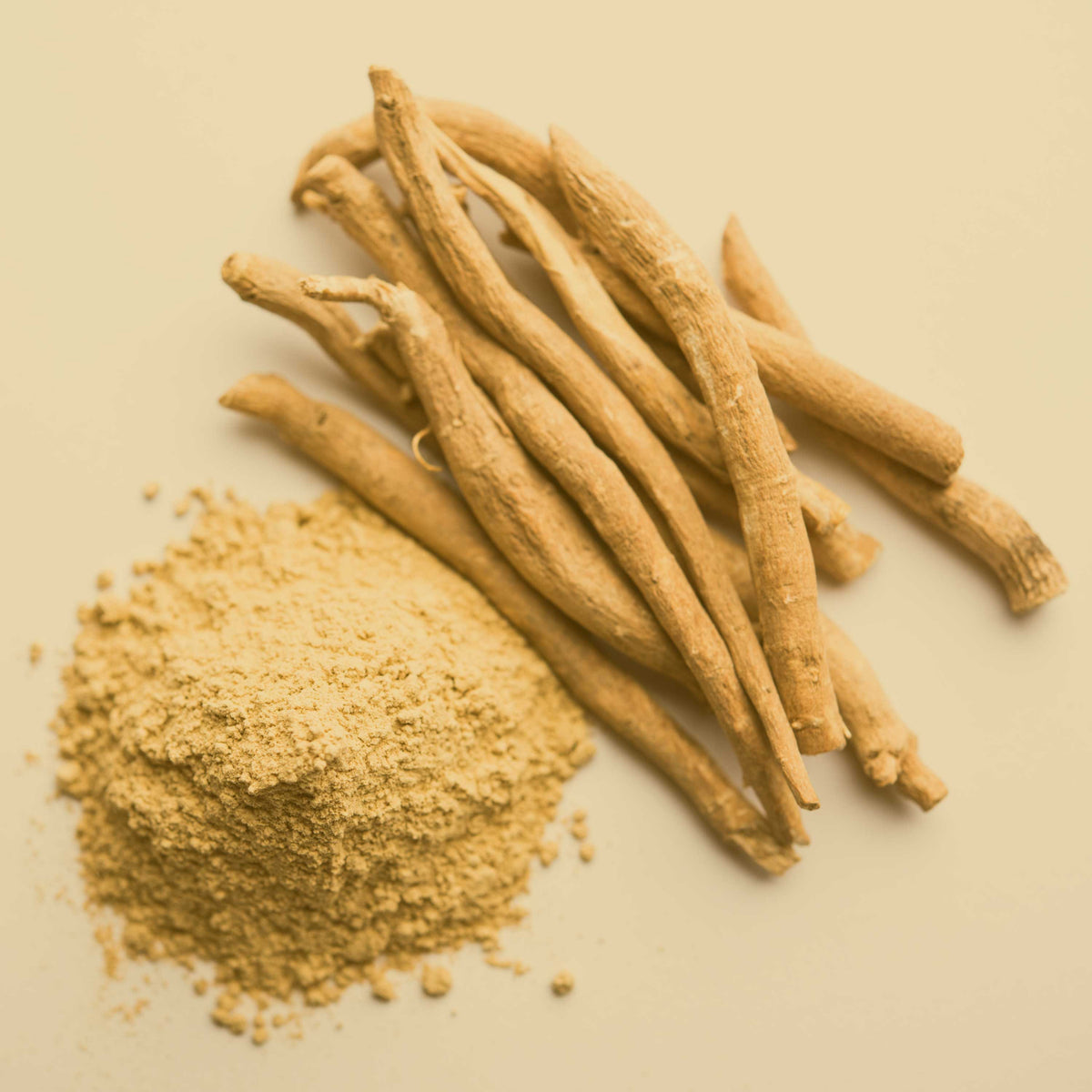 Ashwagandha-Wurzel und feines Pulver – reine, biologische Rohstoffe für SPINTZ Bio Ashwagandha Kapseln